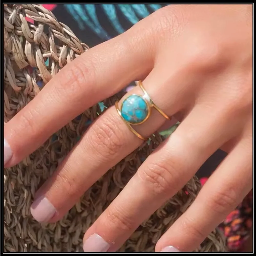 New Turquoise Horizon Gold Ring – Open Concept Band Statement Boho Ring - Picture 2 of 5